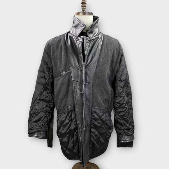 VINTAGE J Crew Jacket Mens Large Black Leather Wool Lined Quilted Heavy Coat - Picture 6 of 11